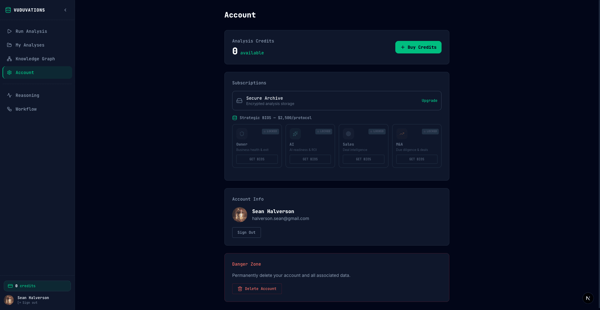 Account page with credit details